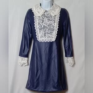 Navy Blue Faux Leather Mini Dress With White Lace Trim.  S